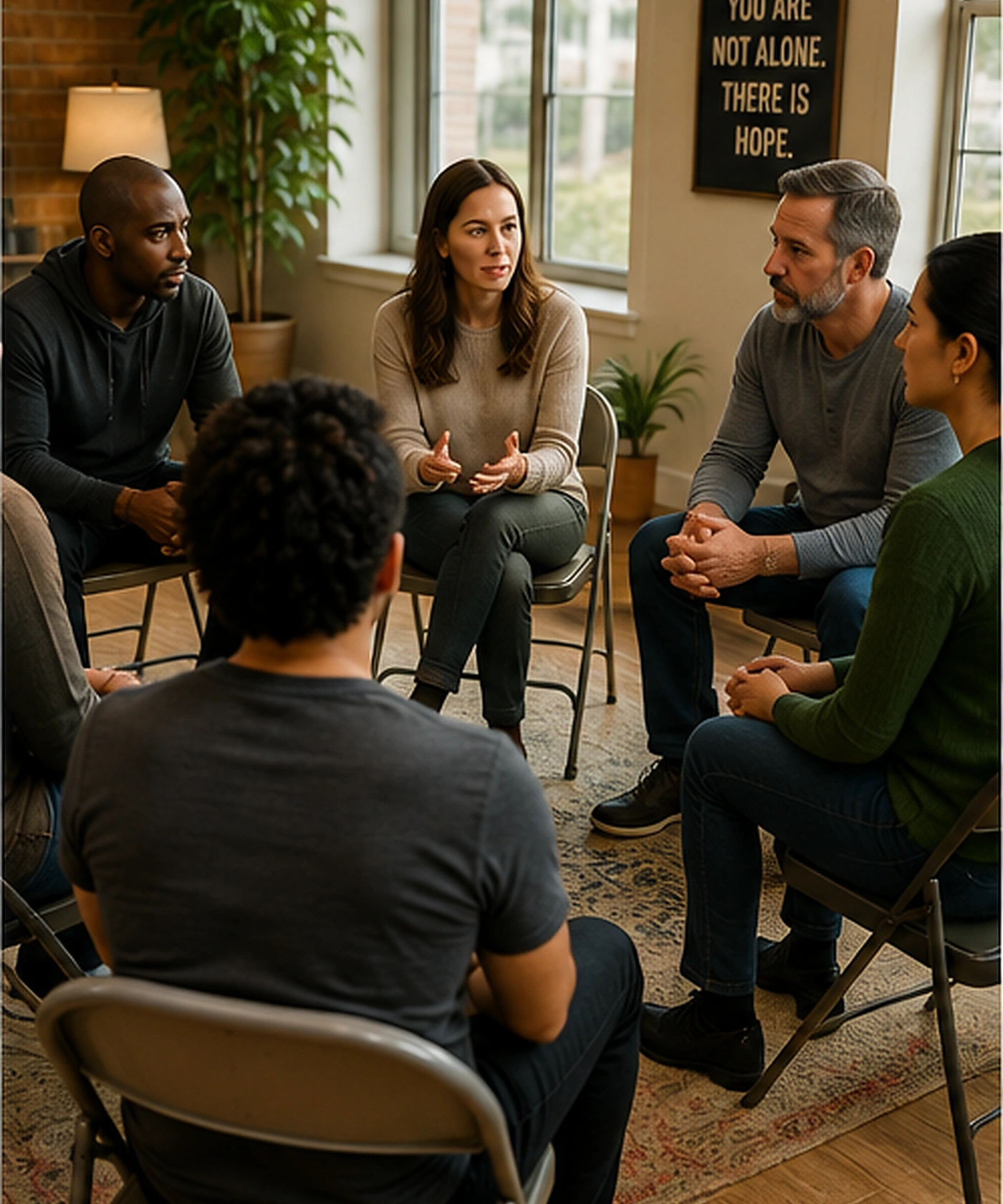 A group of adults seated in a circle during a substance use recovery support meeting